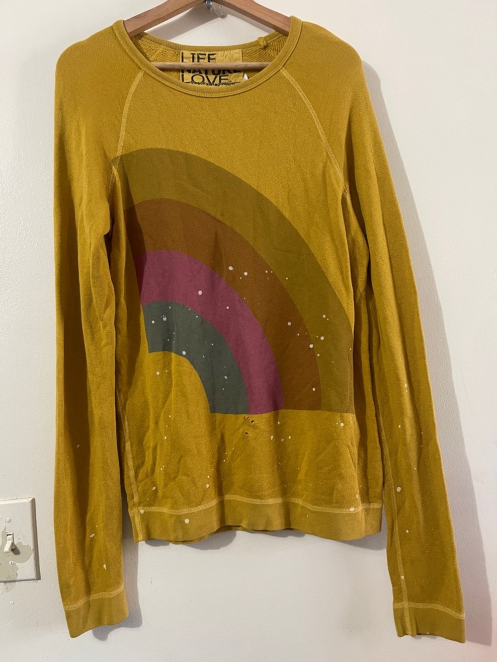 freecity Mustard Pullover with Rainbow Graphic